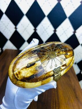 Vintage Bovine Bone Trinket Box Brass Inlay Jewelry Box Collectible Carmel Bone